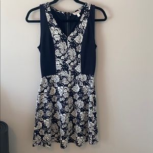 Navy blue and white knee-length dress